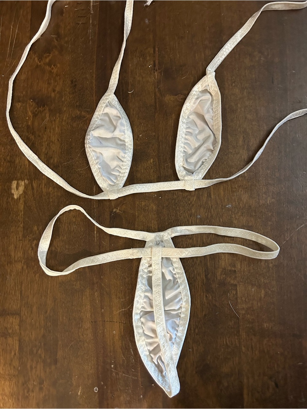 NWOT Sexy Skimpy Handmade White w/ Silver Lame Teardrop Top & Thong Bikini Set - Picture 5 of 6